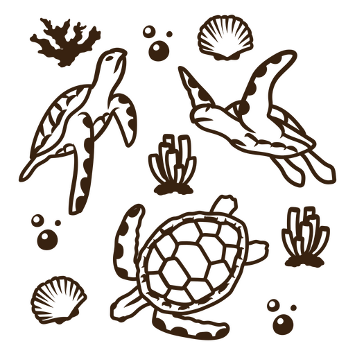 Golpe de tortugas marinas y corales. Diseño PNG