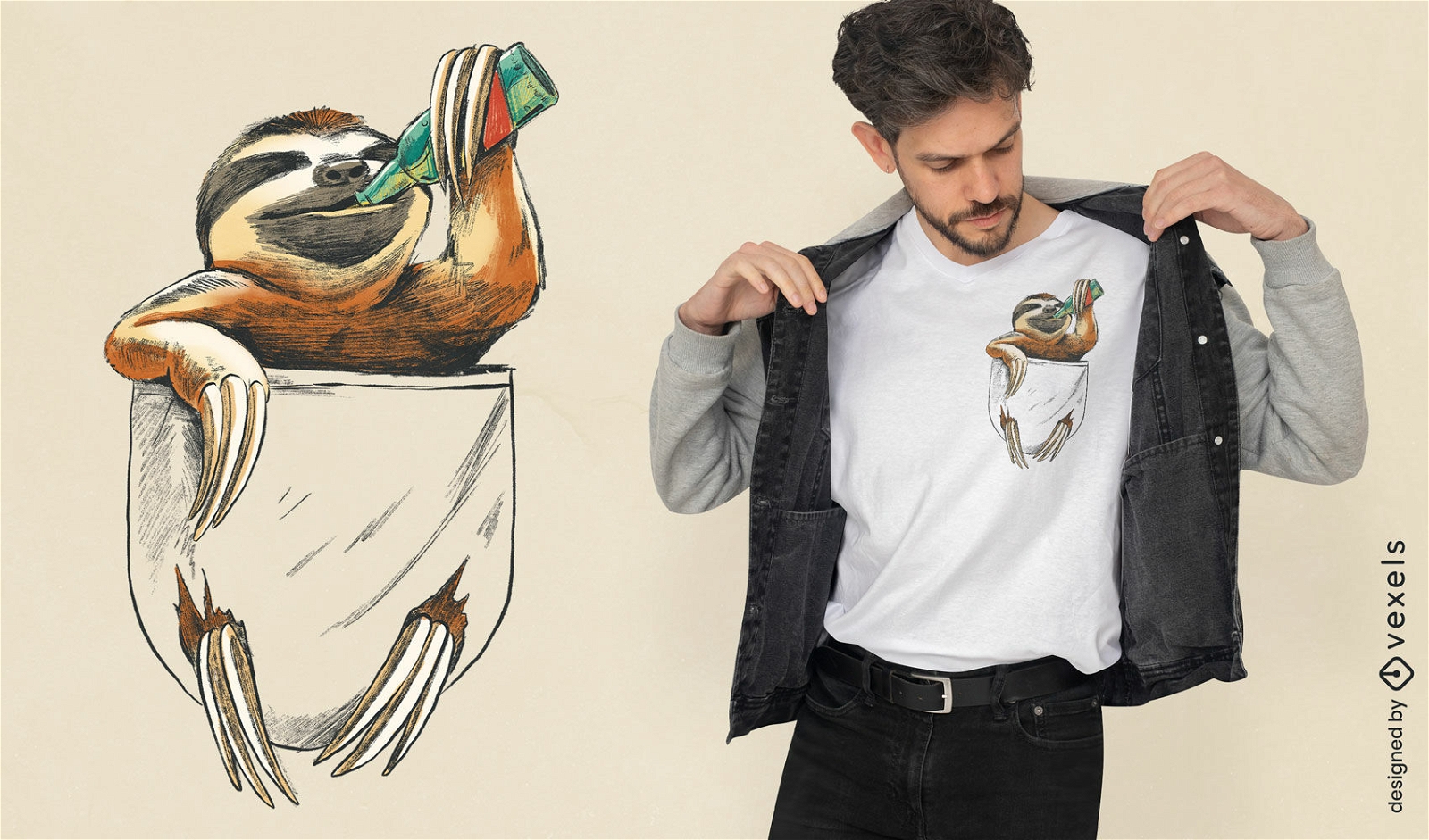 Sloth in pocket drinking beer t-shirt design