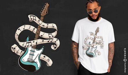 Design de camiseta de notas musicais de guitarra elétrica