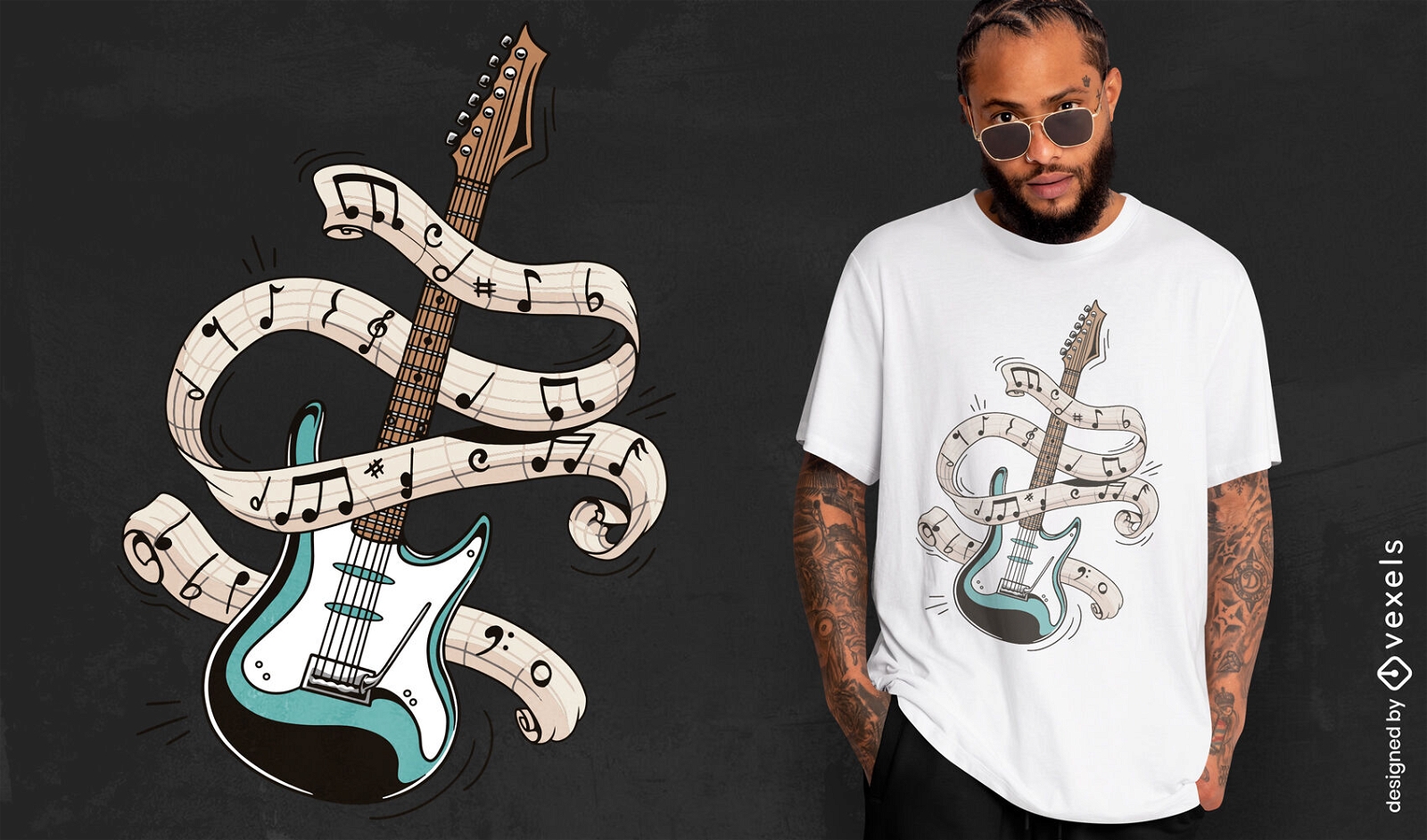 Design de camiseta de notas musicais de guitarra elétrica