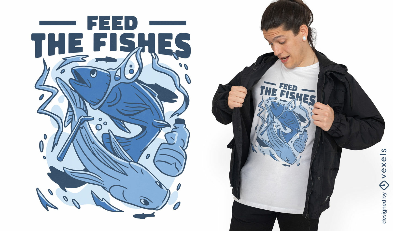 Diseño de camiseta de peces de contaminación del océano.
