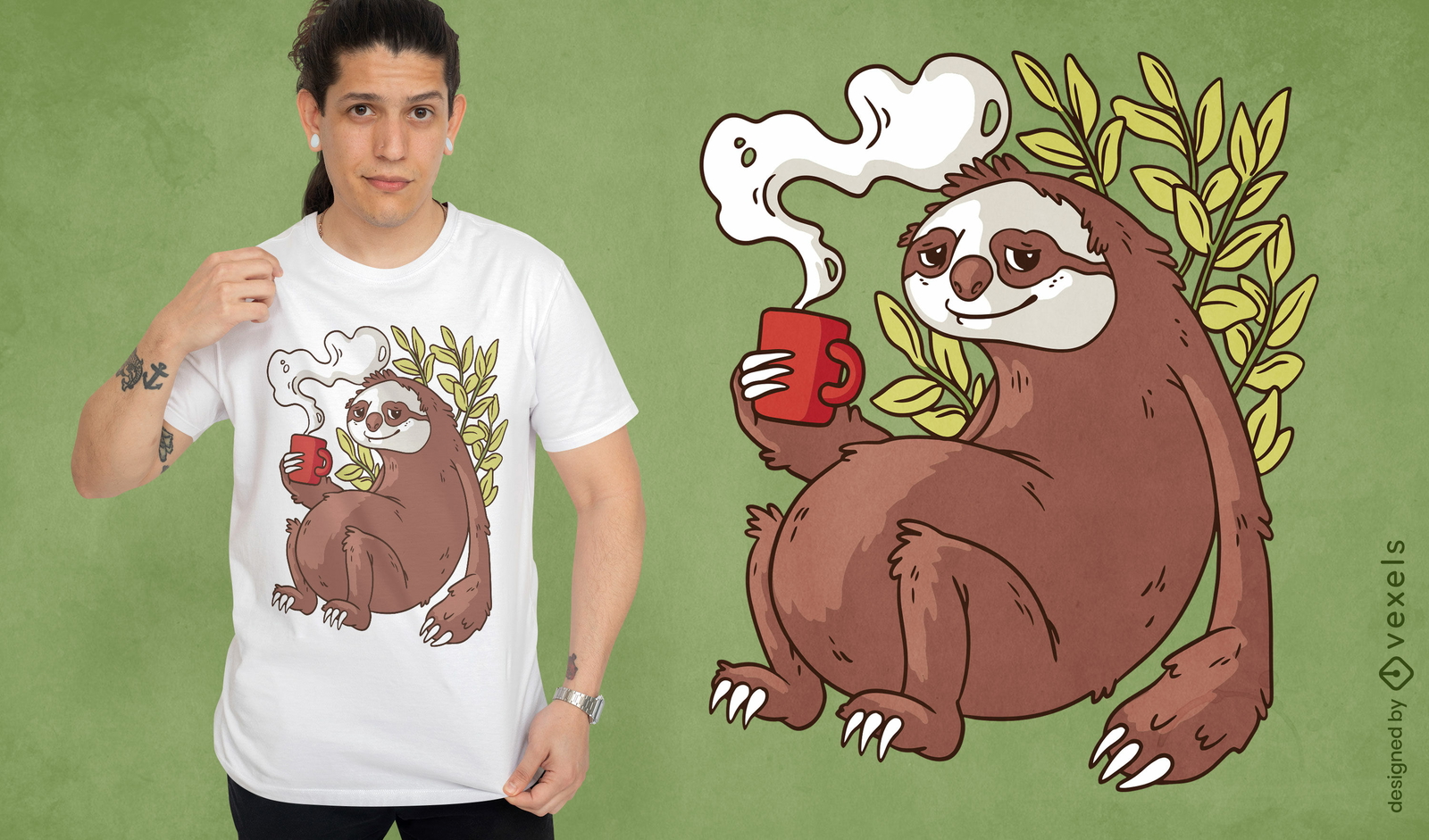 Diseño de camiseta de dibujos animados de café bebiendo perezoso