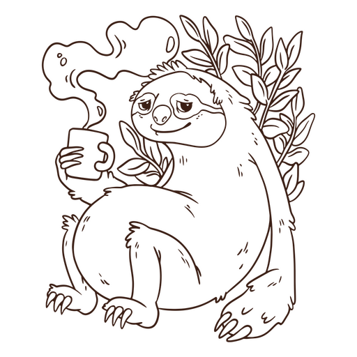 Black and white drawing of a sloth holding a cup of coffee PNG Design