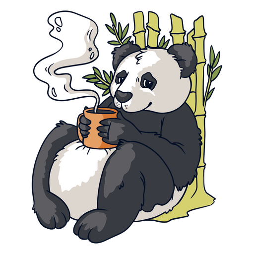 Oso panda sentado en una silla de bambú con una taza de té Diseño PNG