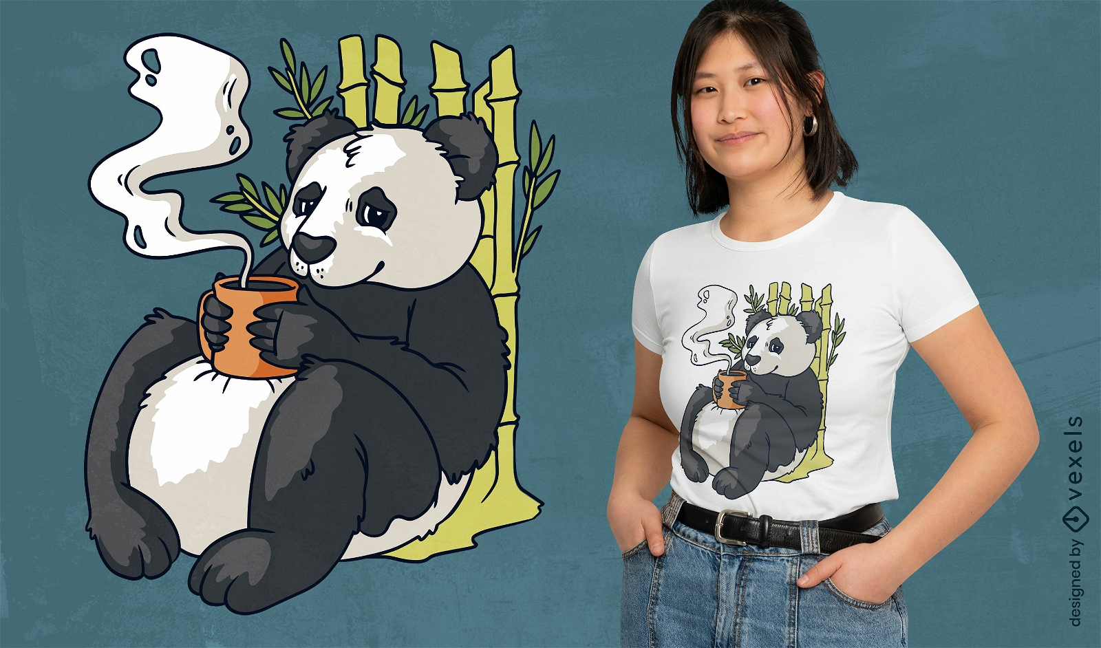 Design de camiseta panda bebendo café