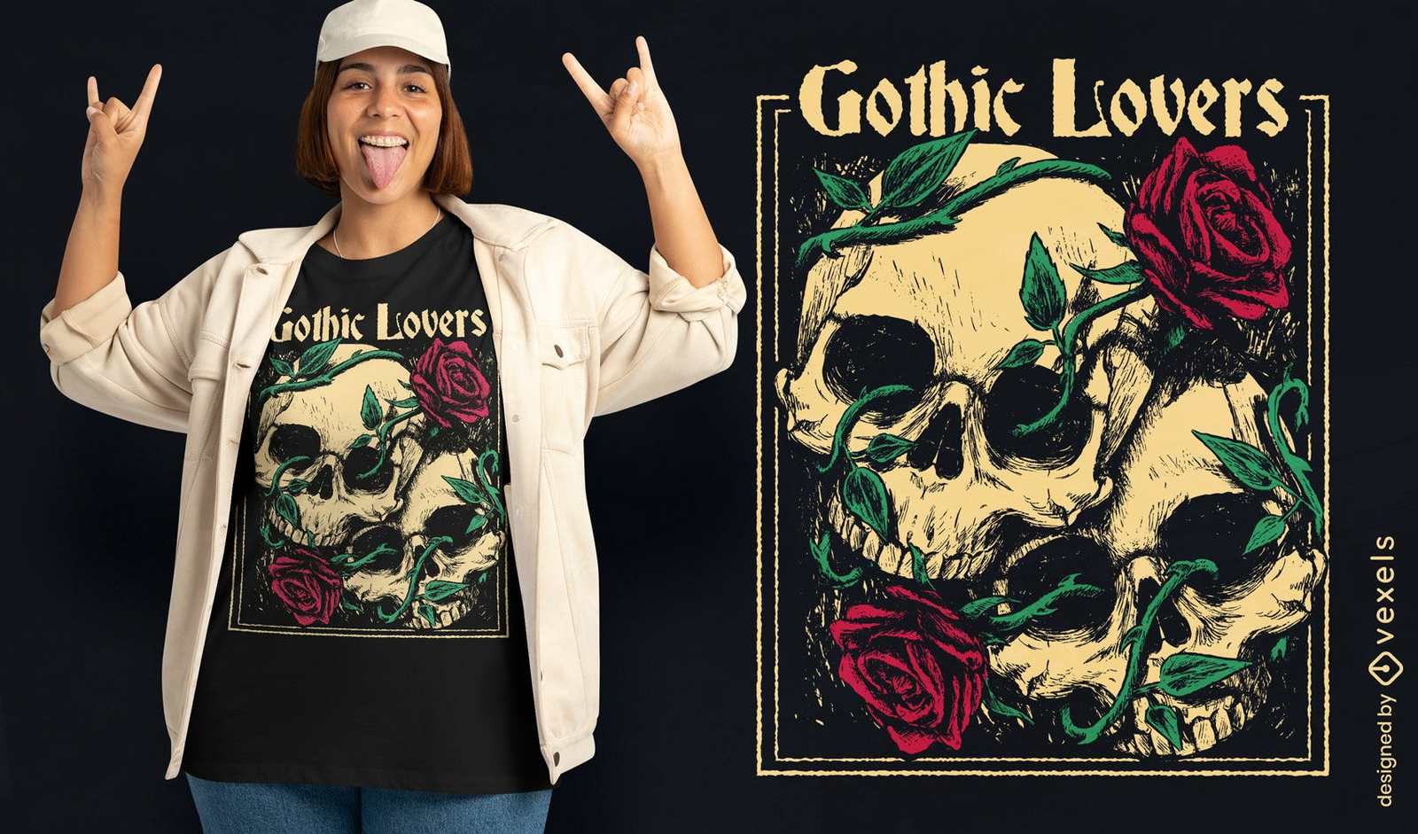 Design de camiseta com caveiras de amor gótico