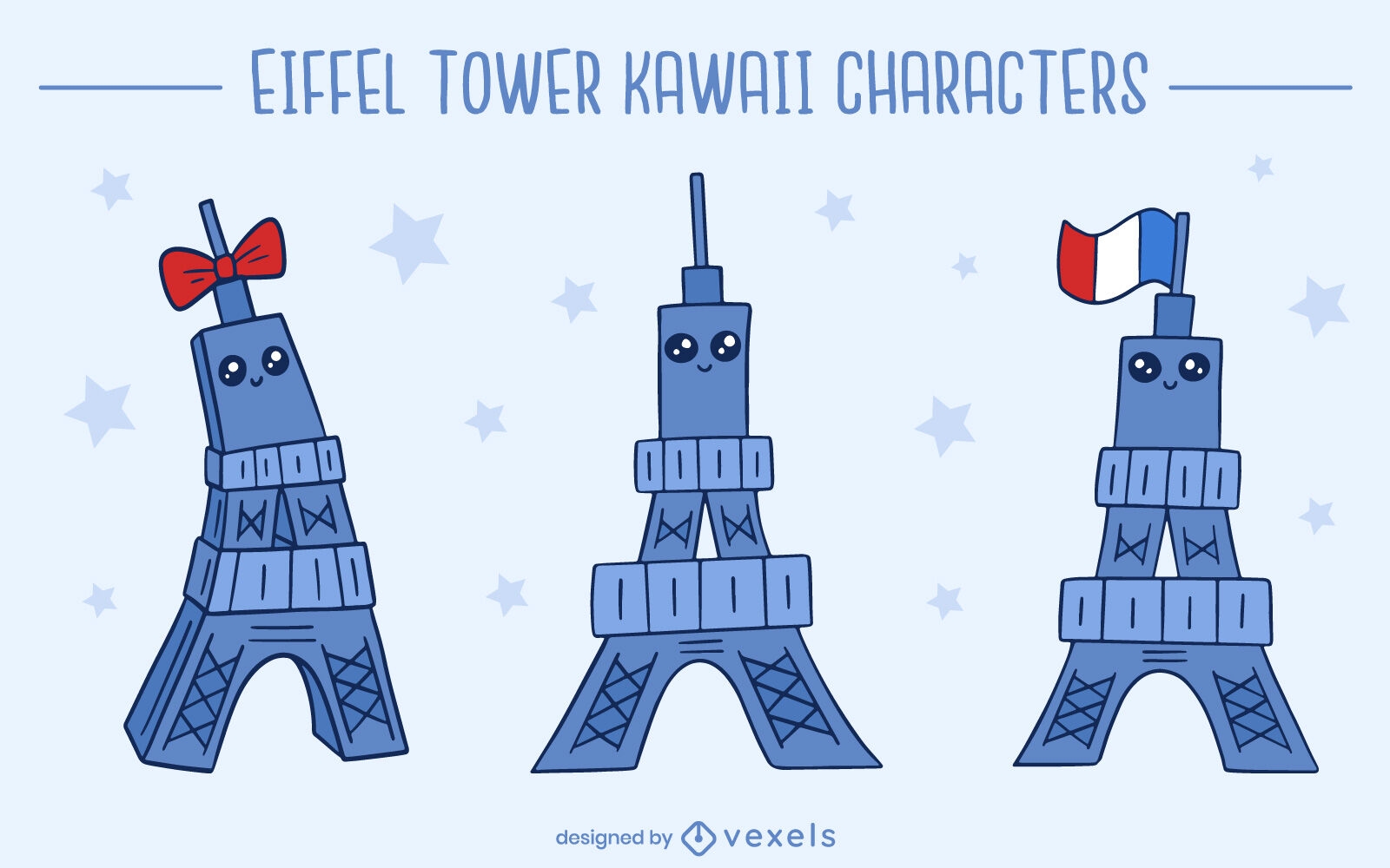 Eiffel tower kawaii character set