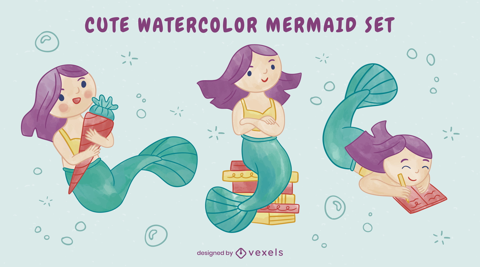 Conjunto de ilustração em aquarela de sereia fofa