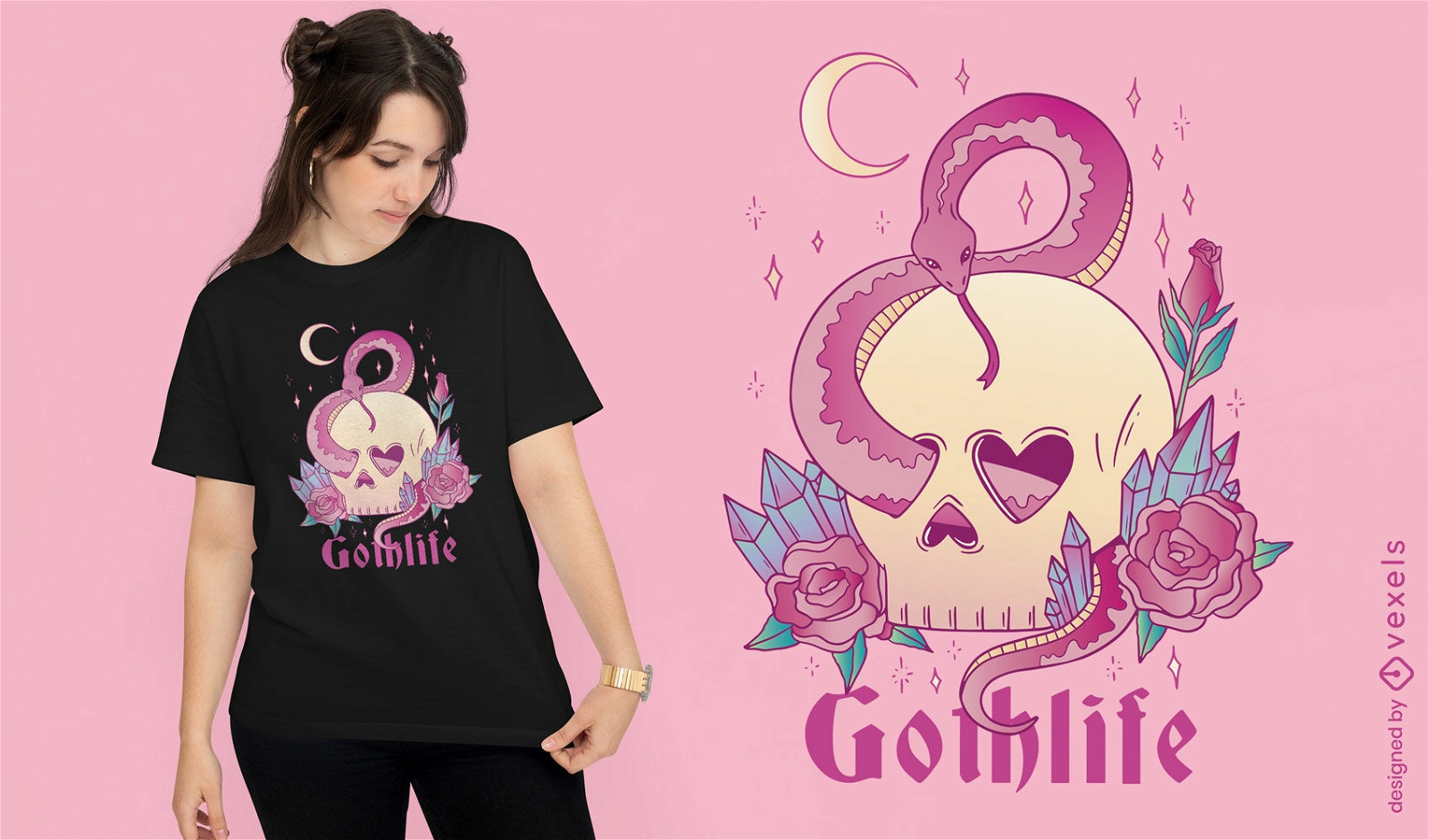 Diseño de camiseta pastel goth calavera y serpiente