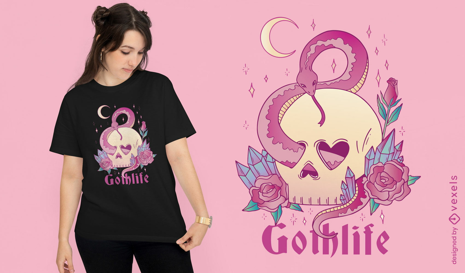 Pastell-Gothic-Schädel und Schlangen-T-Shirt-Design