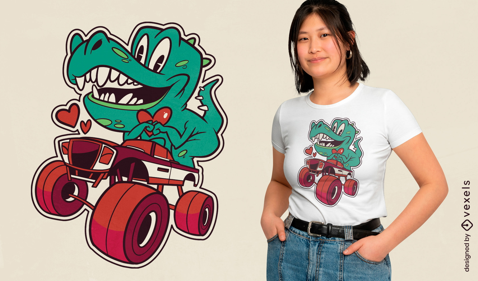 T-Rex conduciendo un diseño de camiseta de camión monstruo
