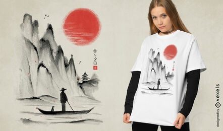 Design de camiseta de paisagem de montanha e barco japonesa