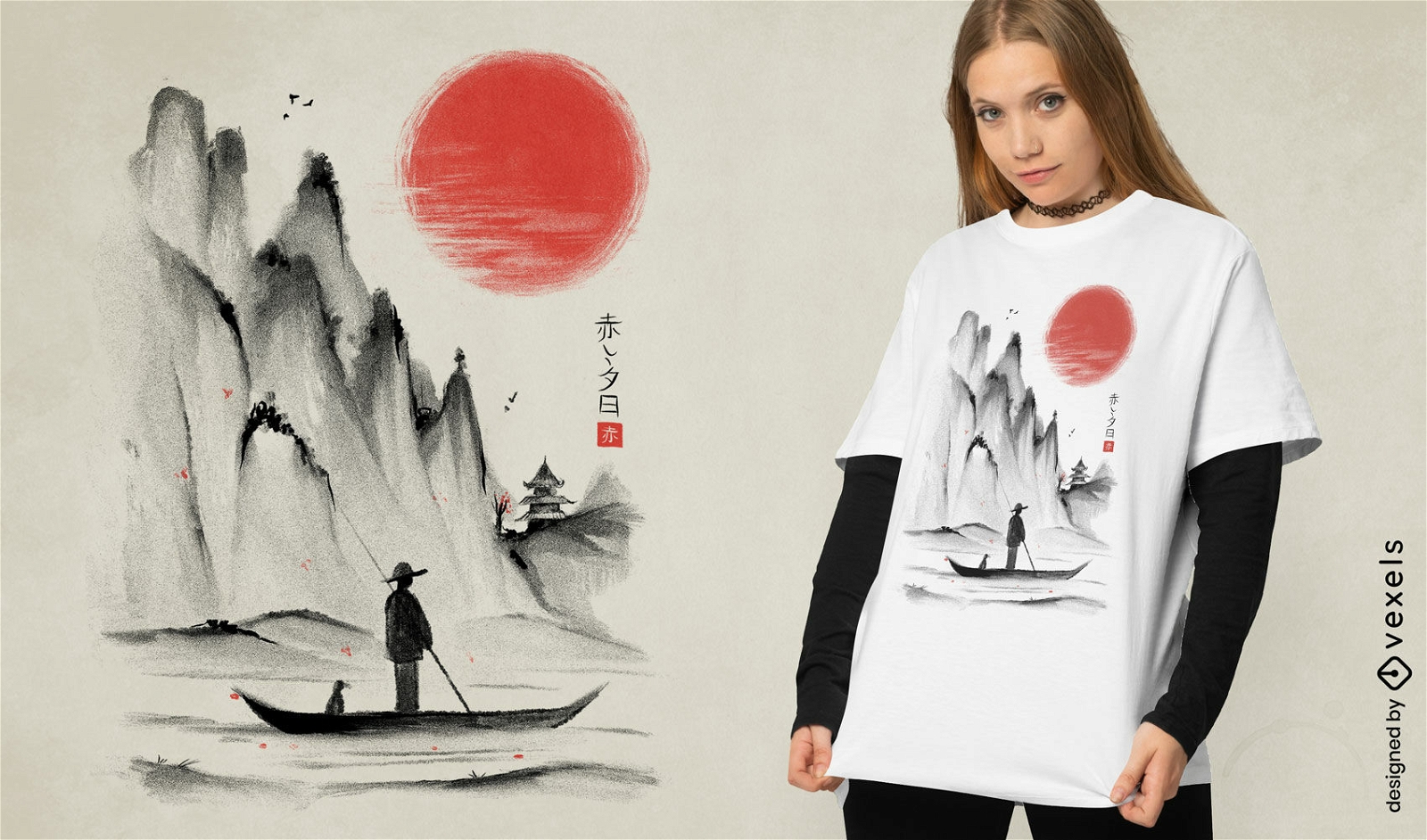 Diseño de camiseta de paisaje de montaña y barco japonés.