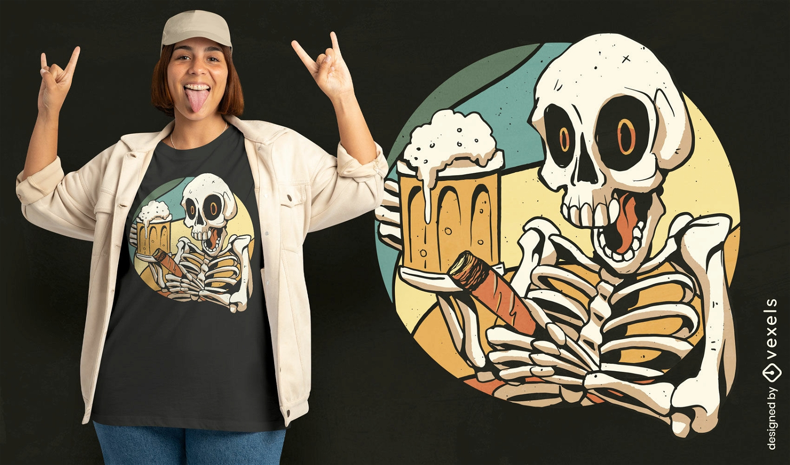 Diseño de camiseta de esqueleto bebiendo y fumando