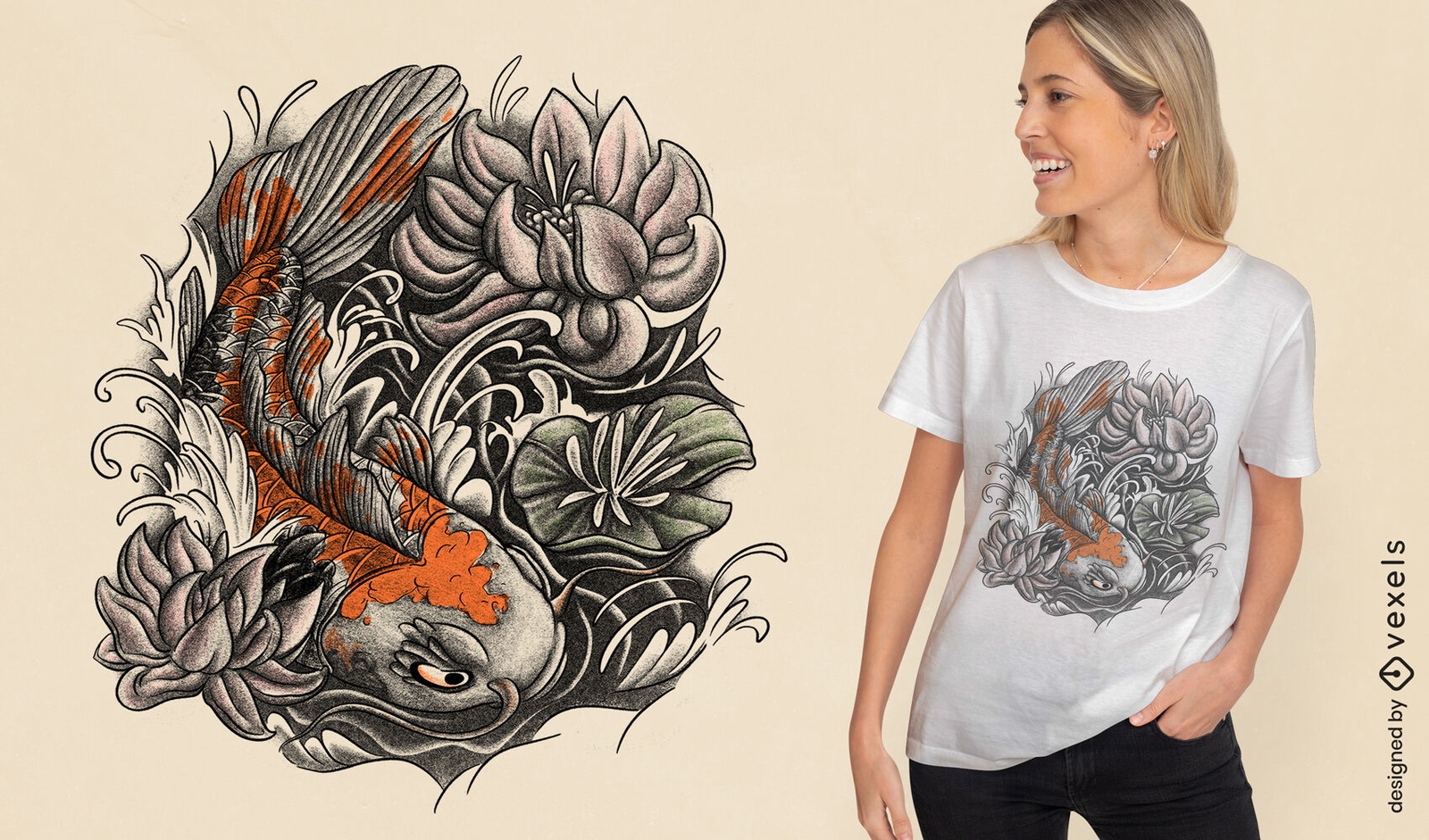 Diseño de camiseta floral de pez koi