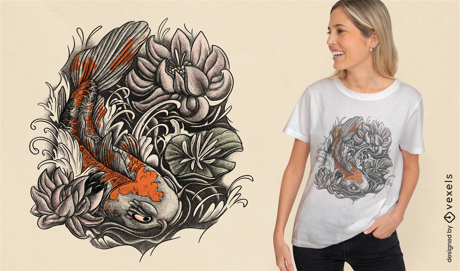 Koi-Fisch-Blumen-T-Shirt-Design