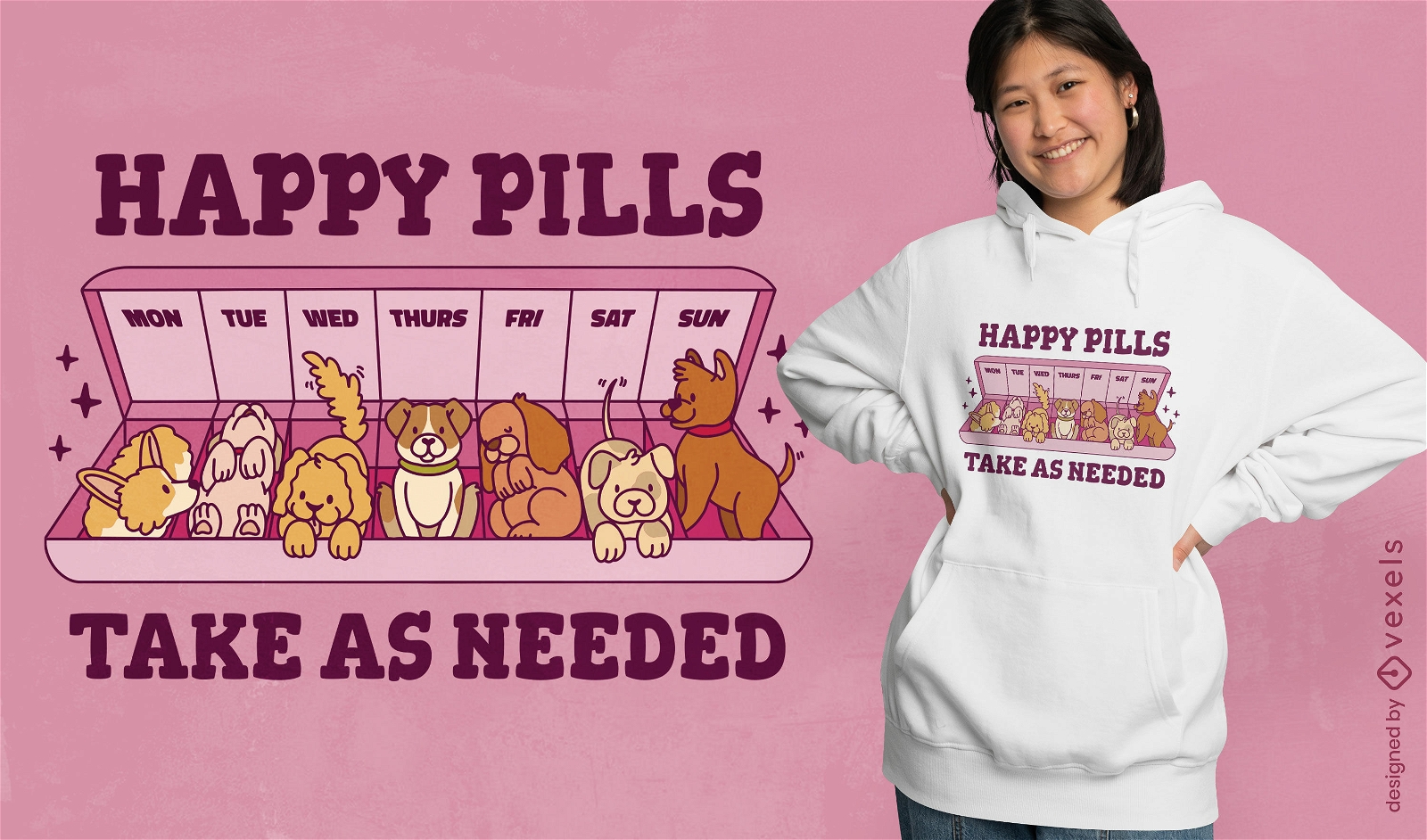 Diseño de camiseta de pastillas para perros felices