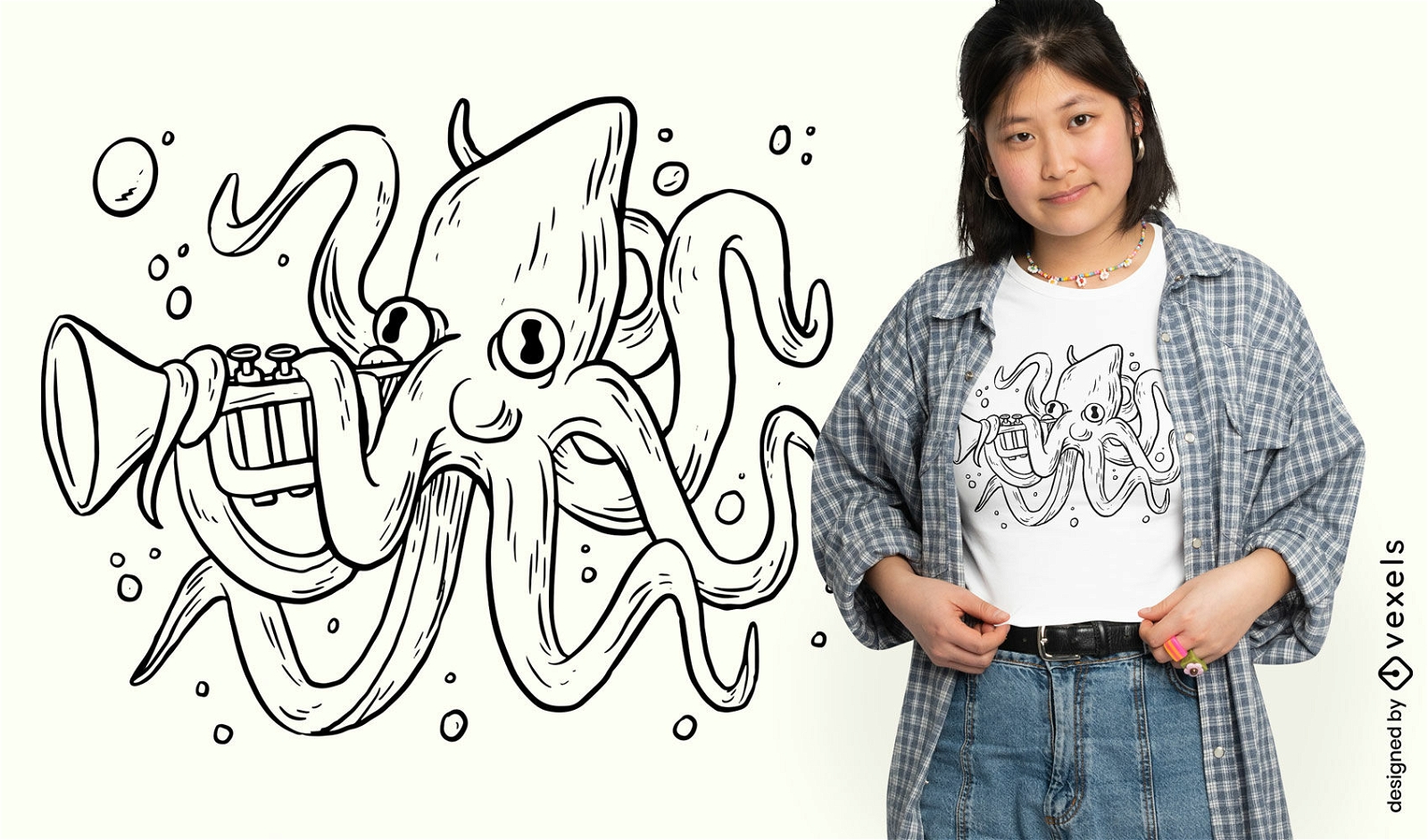 Oktopus-Tier, das Trompeten-T-Shirt-Design spielt