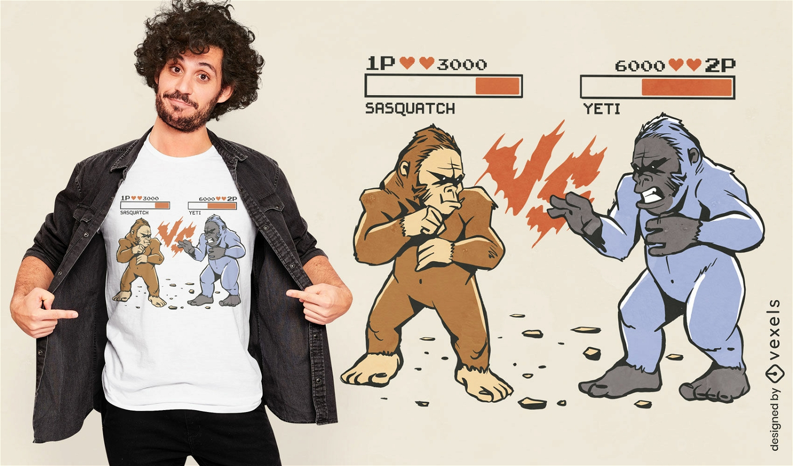 Diseño de camiseta de videojuego Bigfoot vs yeti