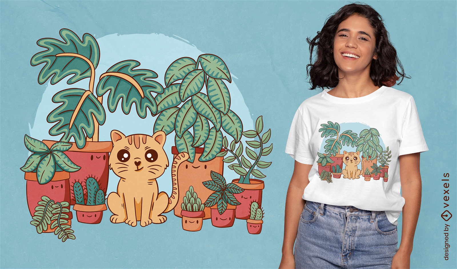 Diseño de camiseta de gato y plantas.
