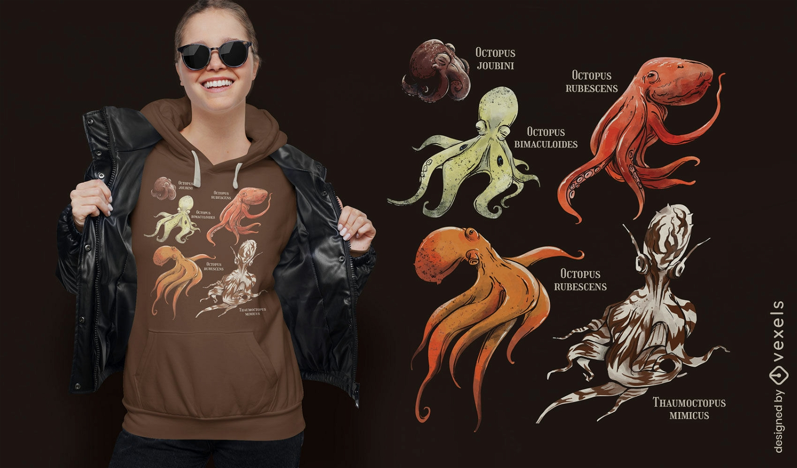 Diseño de camiseta de especies de animales marinos de pulpo.