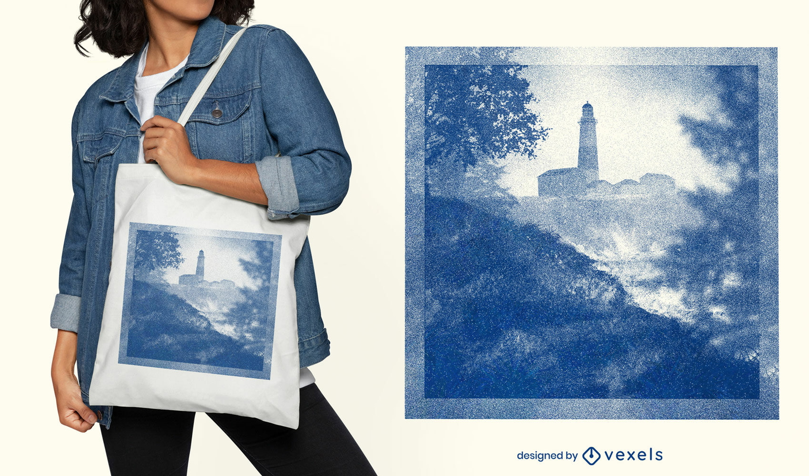 Diseño de bolso tote con paisaje de faro