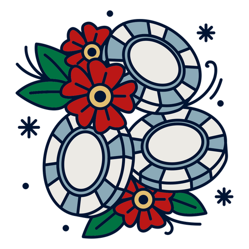 Tres fichas de póquer con flores. Diseño PNG