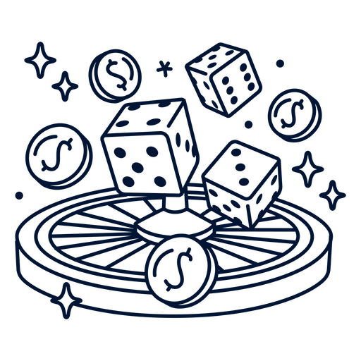 Black and white drawing of a wheel with dice and coins PNG Design