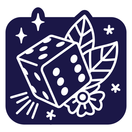 Icono blanco y negro de un dado con hojas y estrellas. Diseño PNG