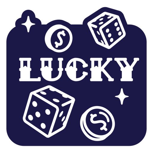 Imagen en blanco y negro de dados y monedas con la palabra suerte. Diseño PNG