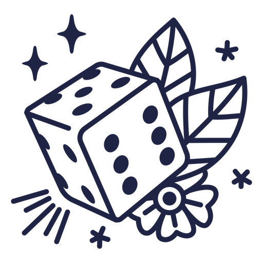 Black and white image of a dice with leaves and stars PNG Design