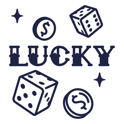 The word lucky with dice and coins PNG Design