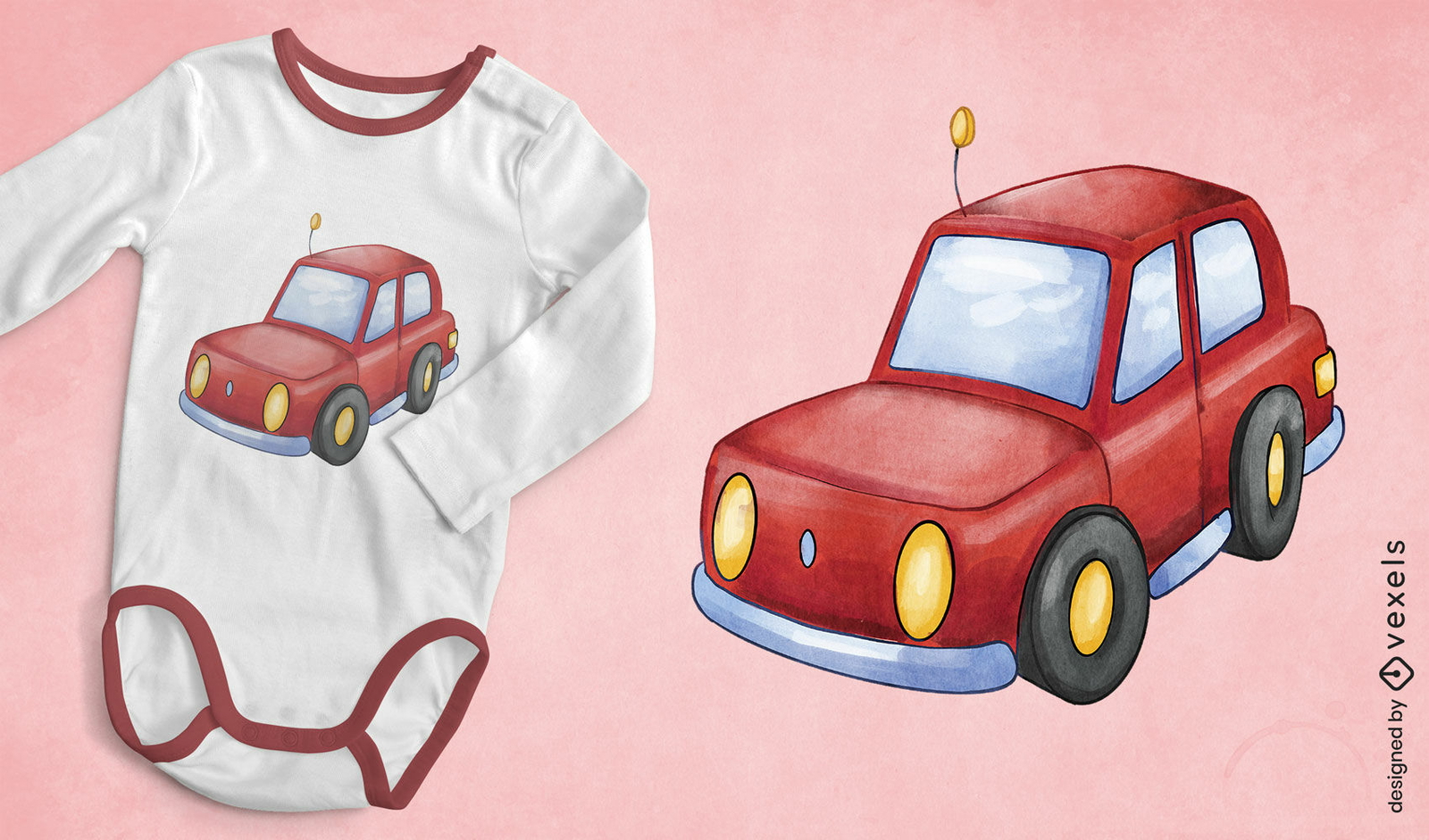 Diseño de camiseta infantil de coche rojo.