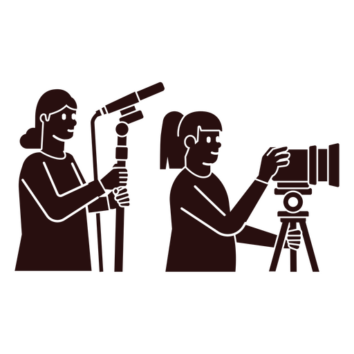 Dos personas sosteniendo una cámara y un trípode. Diseño PNG