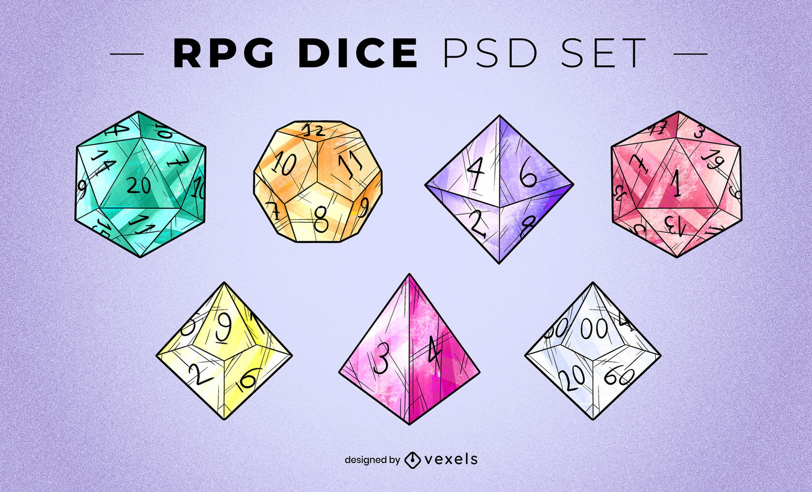 Conjunto de ilustración PSD de dados de juego de roles