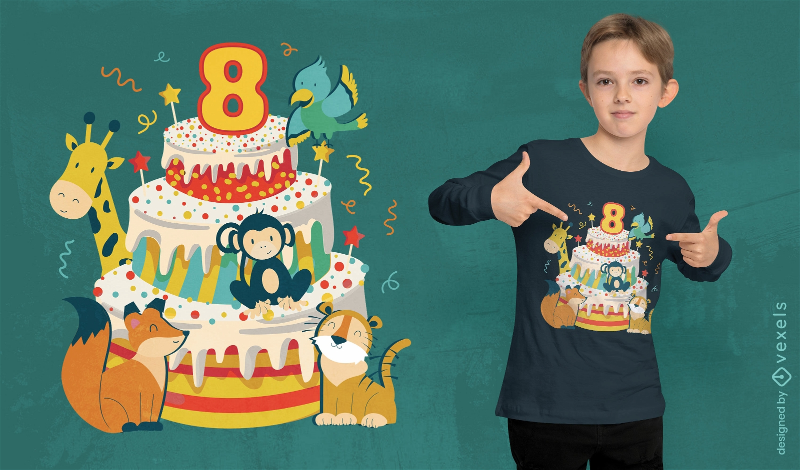 Diseño de camiseta de pastel de cumpleaños de animales.