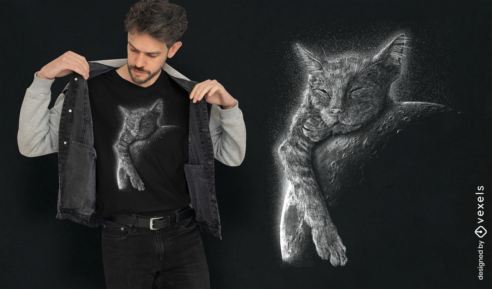 Diseño de camiseta de gato durmiendo en la luna.
