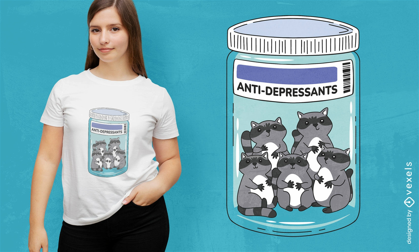 Diseño de camiseta antidepresivos de mapache.