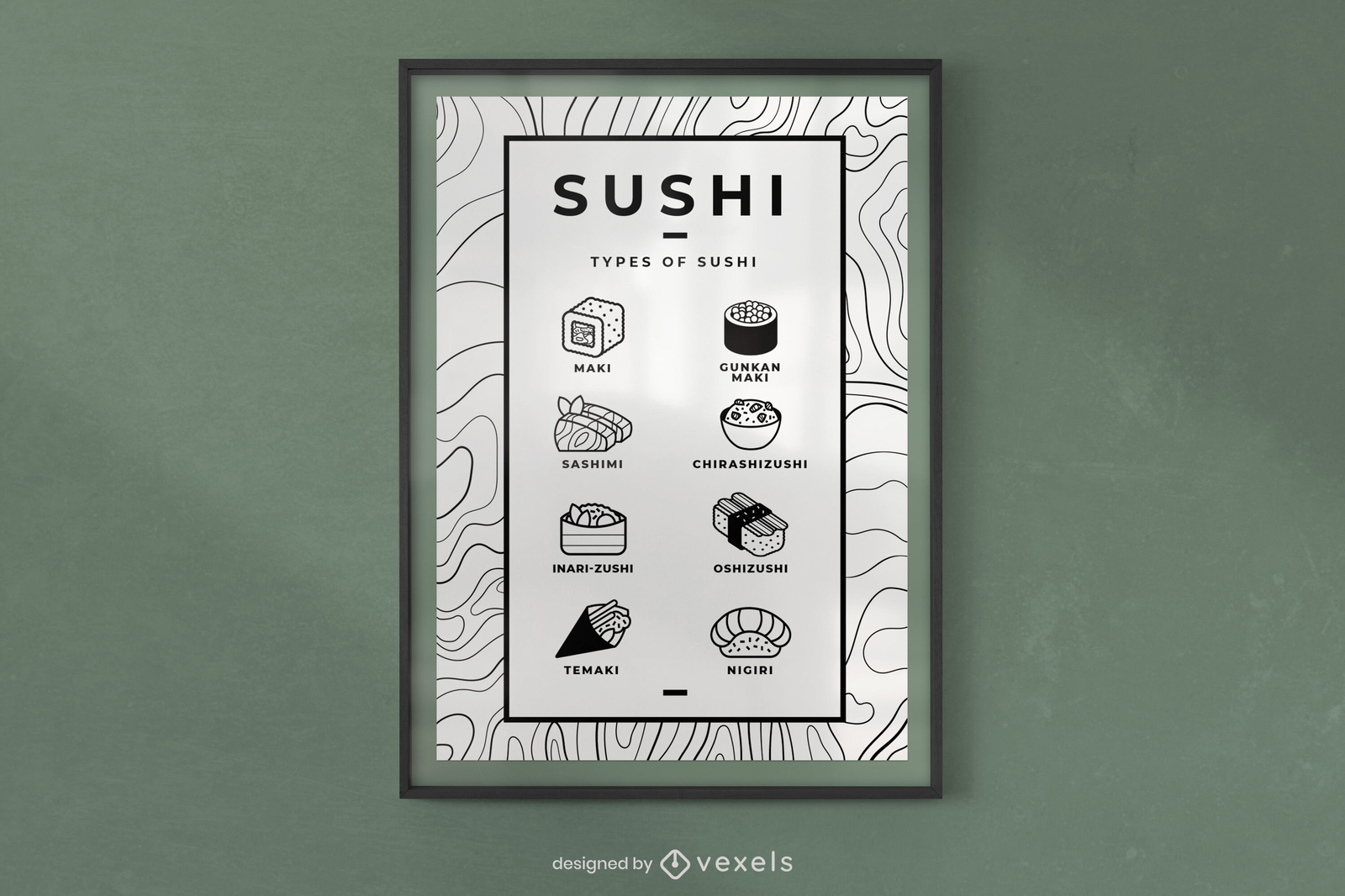 Diseño de cartel de comida japonesa de piezas de sushi.