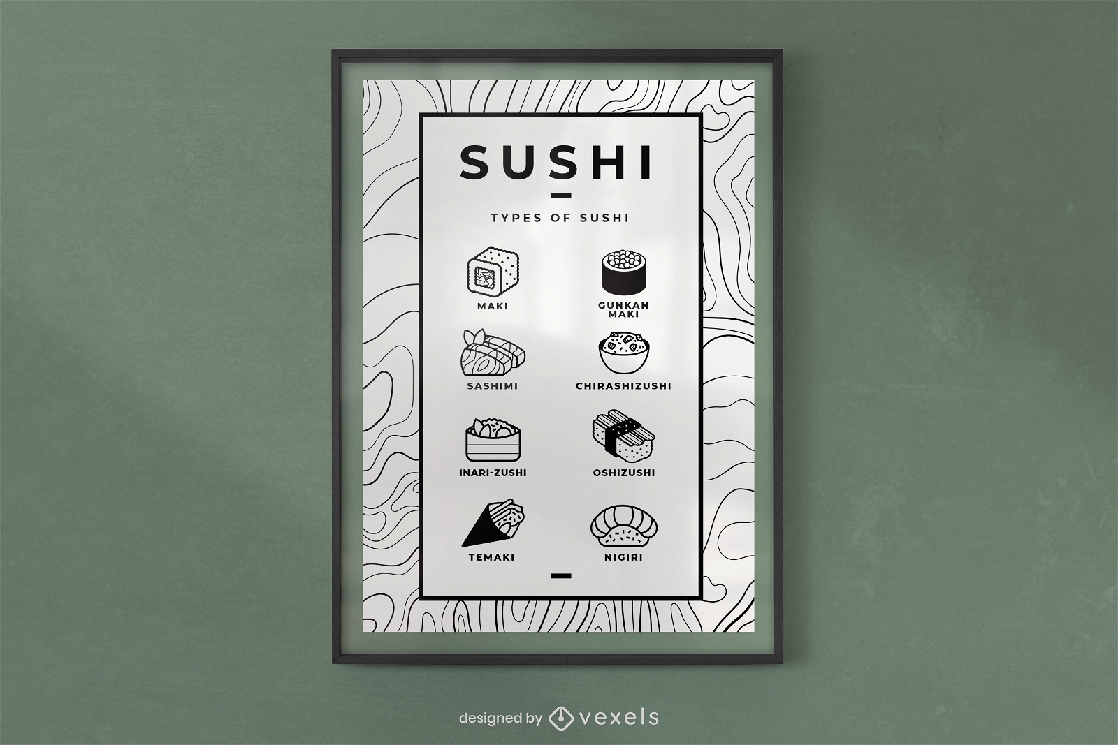 Peças de sushi design de cartaz de comida japonesa