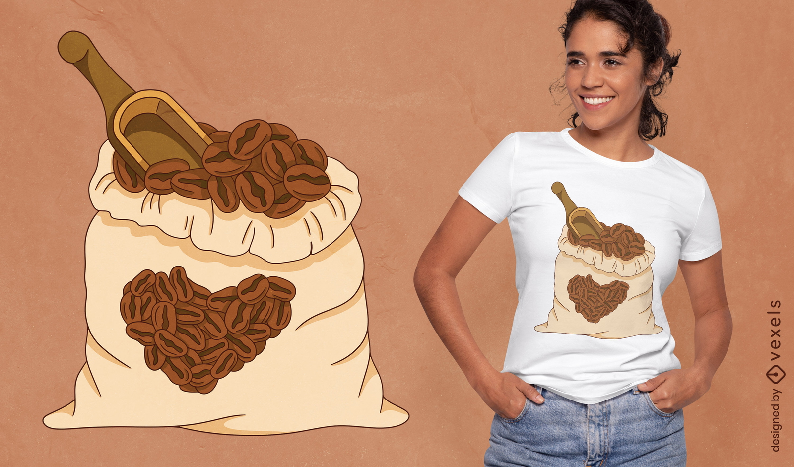 Diseño de camiseta de bolsa de café de corazón.