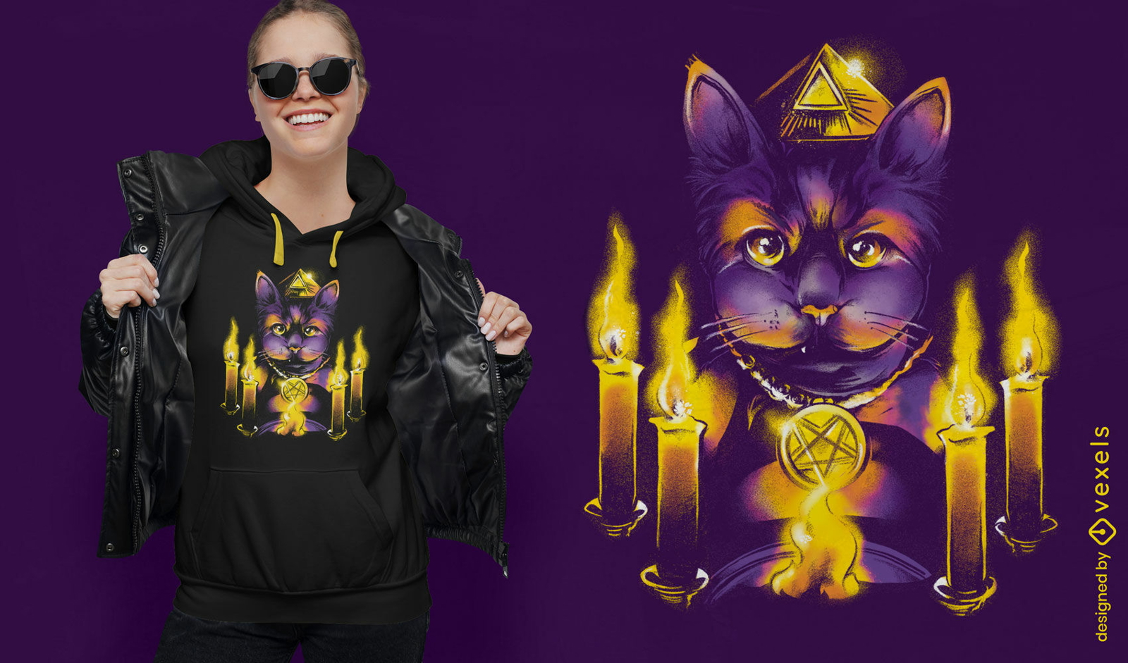 Diseño de camiseta de ritual de vela mágica de gato.