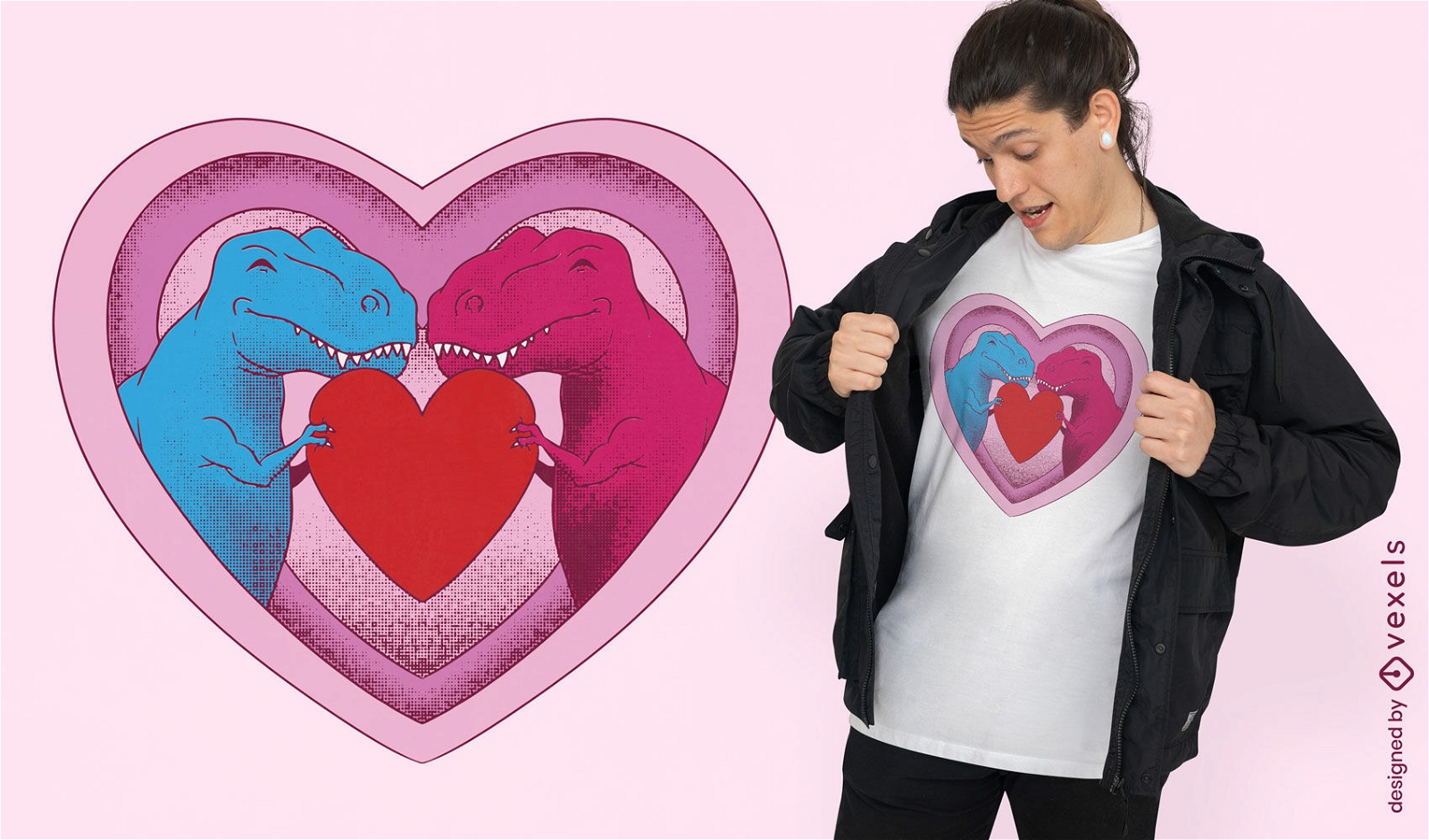Design de camiseta de casal de coração T-rex