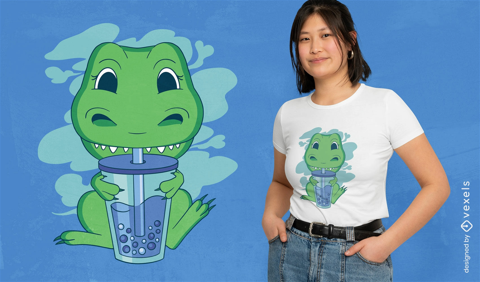 Cute t-rex drinking bubble tea t-shirt design
