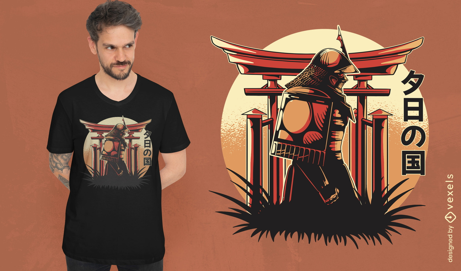 Samurai en diseño de camiseta de templo japonés