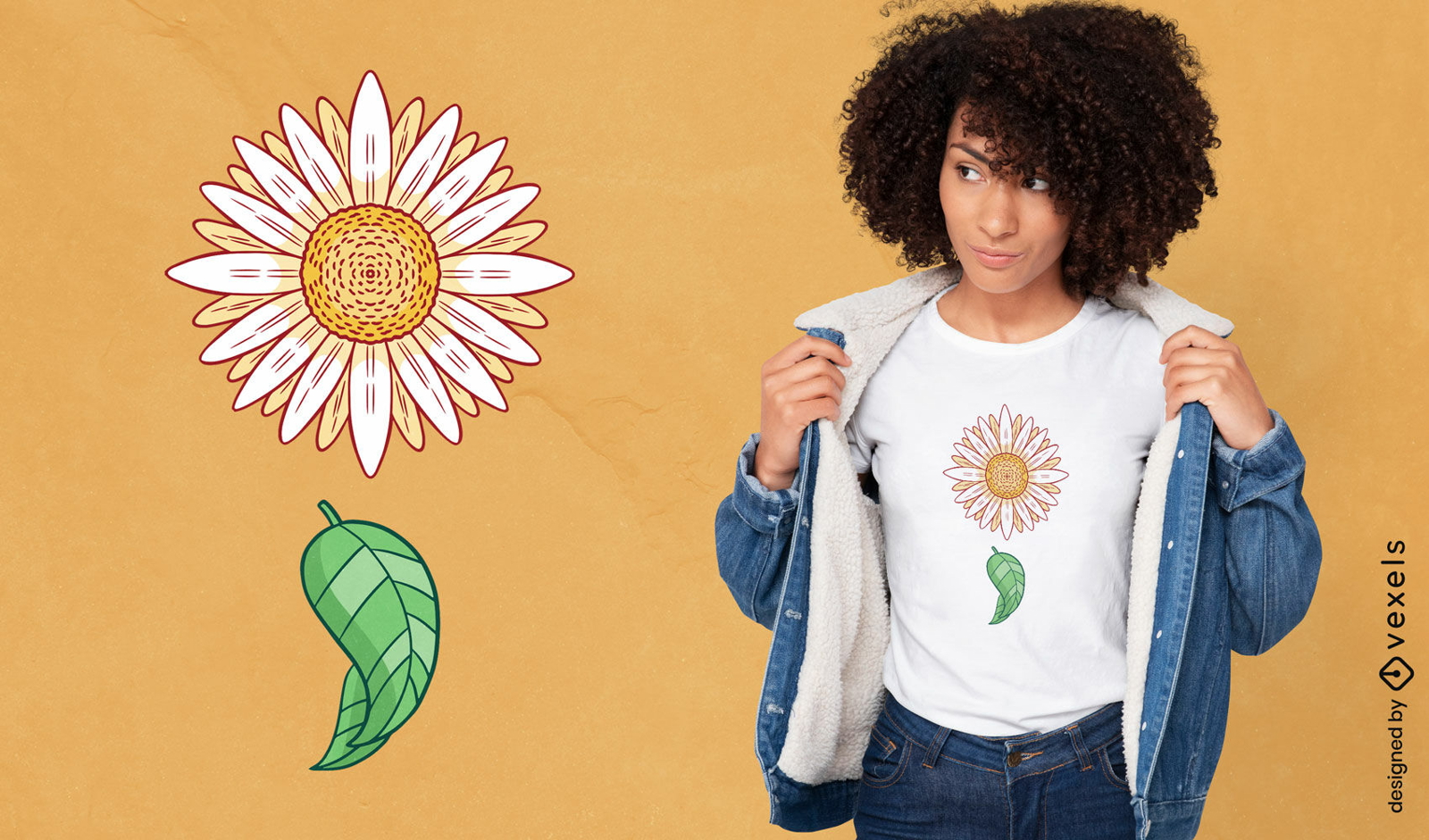 Diseño de camiseta de flores y hojas de margarita.