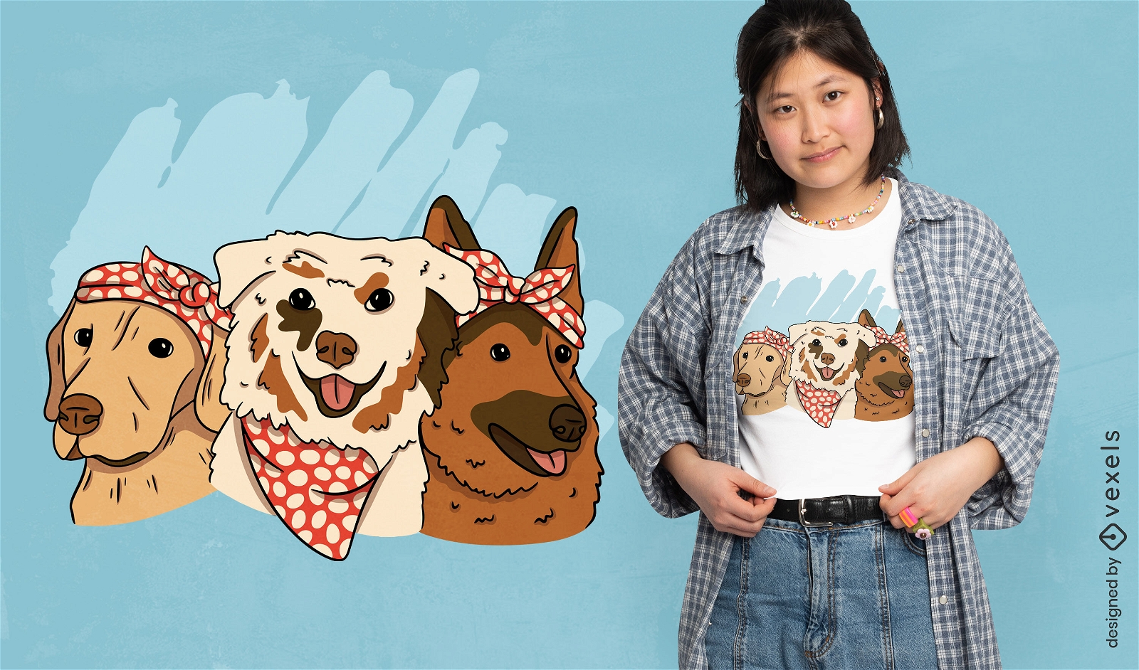 Três cachorros fofos com design de camiseta bandana