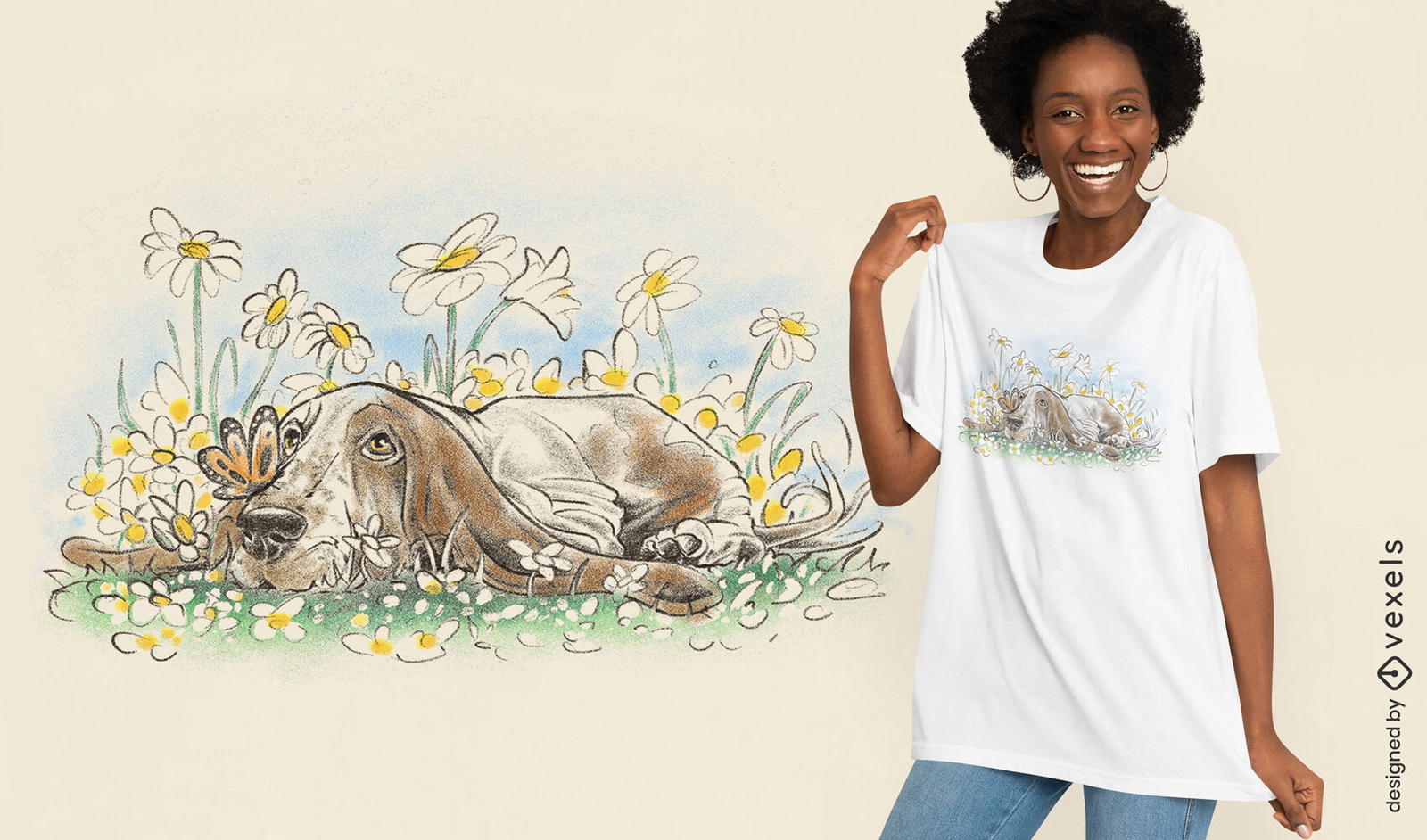 Cão no design de camiseta de campo de flores