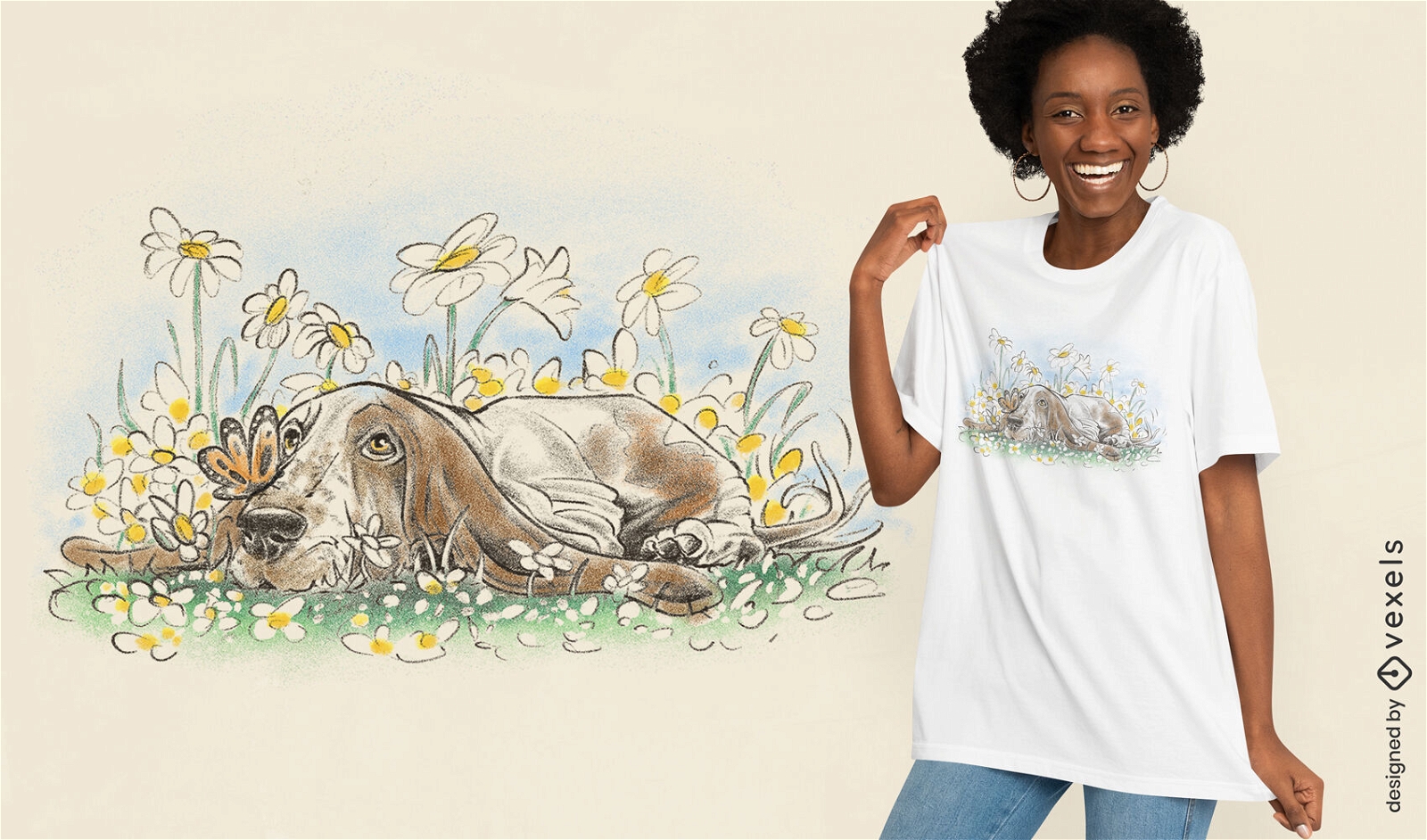 Dog on flower field t-shirt design 