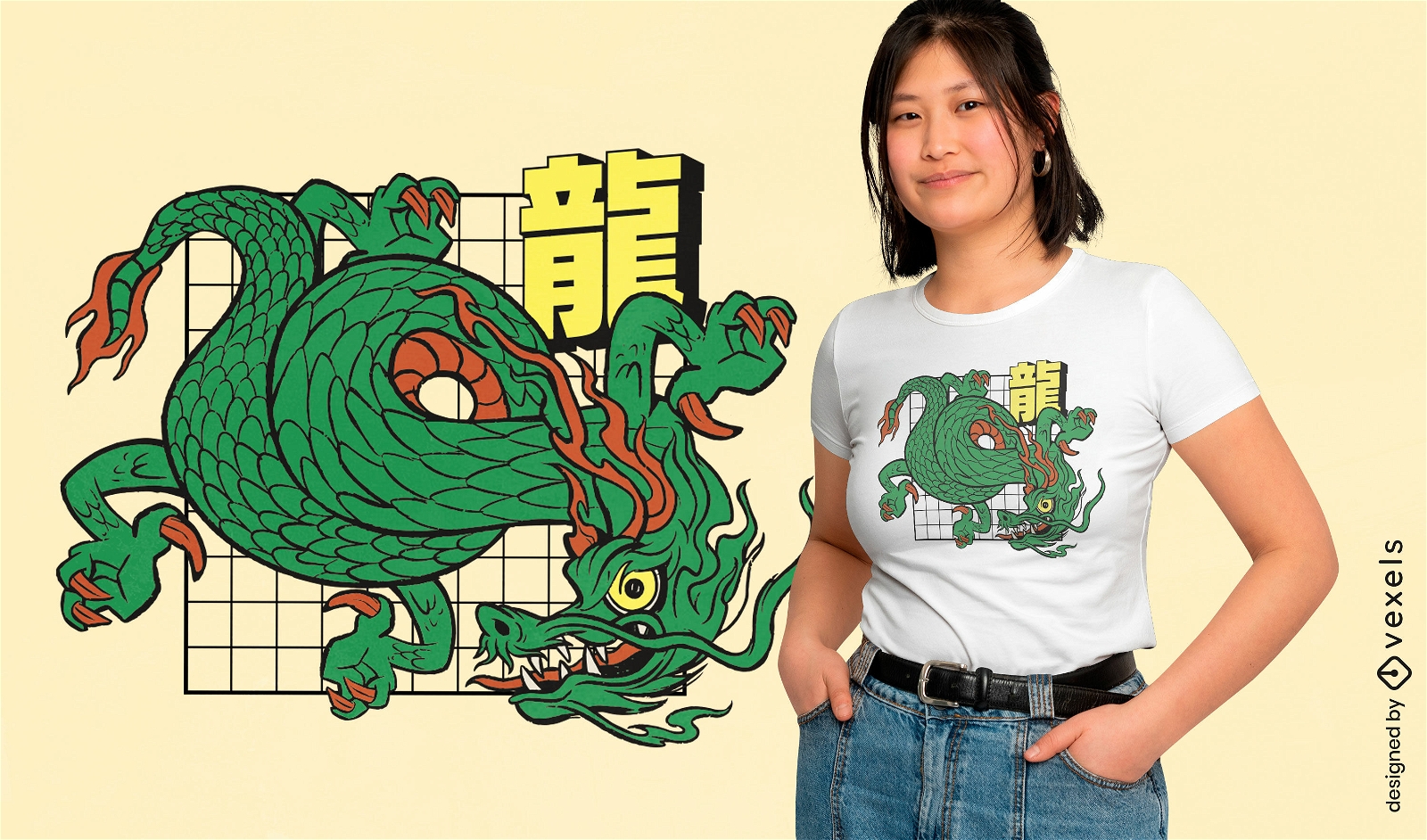 Diseño de camiseta de cuadrícula de dragón verde
